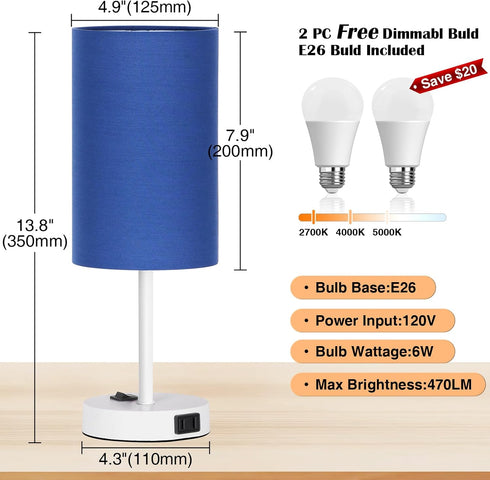 ZJOJO Table Lamp for Bedroom Set of 2, Bedside Small Lamps with 3 Way Dimmable Rocker Switch, Nightstand Desk Lamp