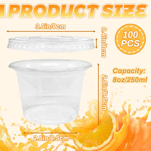 100 Pcs 8 OZ Disposable Plastic Cups with Flat Lids,Clear Portion Cups with Flat Lids,Clear Plastic Ice Cream Containers with Lids for Parfaits,Drink,Yogurt,Soups,Salad,Fruit(With Holes)