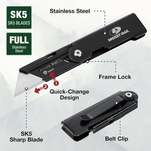 MOSSY OAK 2-pack Folding Pocket Utility Knife Set, Quick Change Box Cutter with Frame Lock, EDC Foldable Razor Knife with Belt Clip, Stone Washed by Mossy Oak