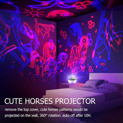 Cute Horses Projector with 10H Timer, RGBW LED Horse Night Light, 360 Rotation USB/Battery Operated Gifts for Kids