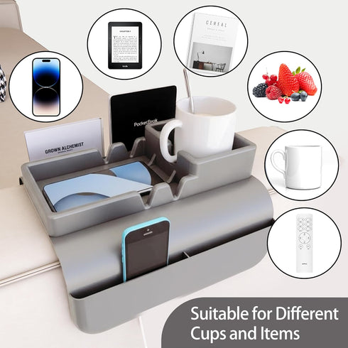 GQIRIL 5 Couch Arm Cup Holder - Silicone Sofa Armrest Tray with Side Pockets, Anti-Slip Armrest Recliner Armchair