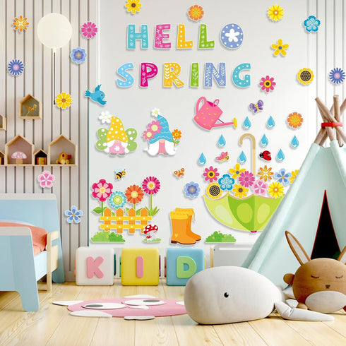 Konsait Spring Bulletin Board Decorations, 68Pcs Set, Big Umbrella Flowers, Waterdrop Cutouts for Classroom