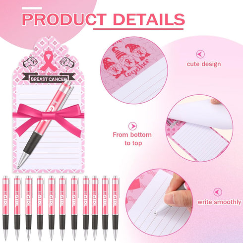 Fulmoon 48 Sets Breast Cancer Awareness Notepad, Ballpoint Pens, Cute Pink Ribbon Memo Pad