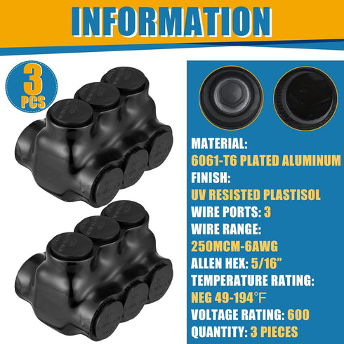 3 Pcs Black Multi Cable Connector, 3 Wire Ports Connectors with Dual Sided Entry for Copper and Aluminum