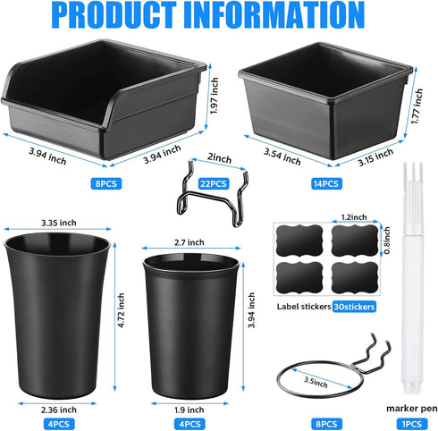 64 Pieces Pegboard Bins with Hooks and Loops - Organizer Accessory for Tools Storage Office Workshop Garage