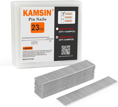 P612 9,000 PCS/BOX Headless Pin Nails, 23 Gauge 1/2'' (12mm) Stainless Steel Fasteners for Pneumatic Nail Gun