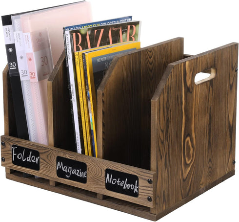 Rustic Burnt Brown Wood Office Desktop Document File Folder Binder Storage Organizer with 3 Compartments
