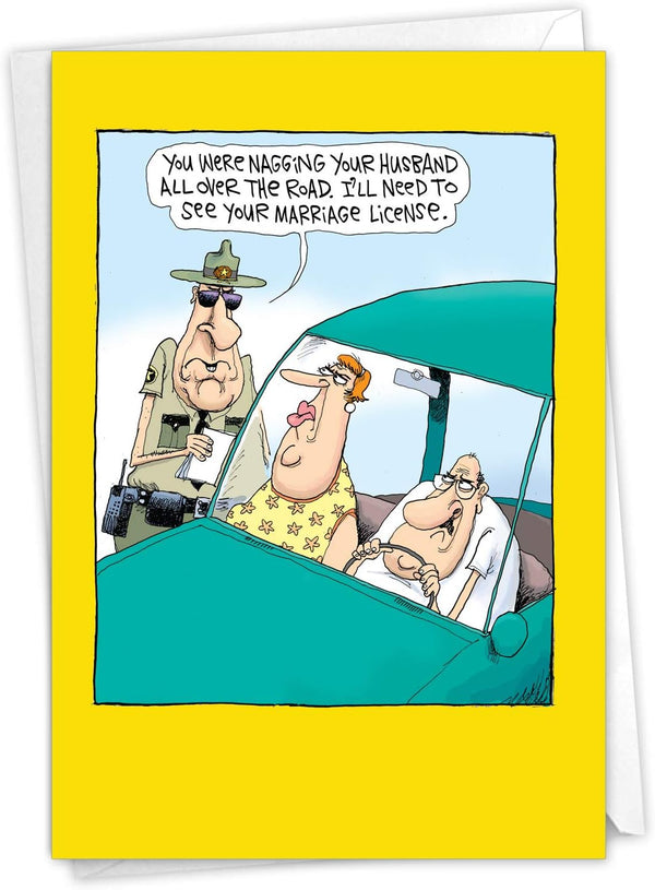 NobleWorks Funny Anniversary Card with Envelope, Cartoon Marriage Humor for Spouse - Nagging Wife C6367ANG