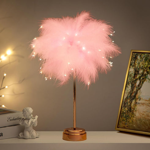 Pink Feather Lamp, LED Atmosphere Feather Night Lights, Bedside Lamps for Mother, Girlfriend, Home Girl Room
