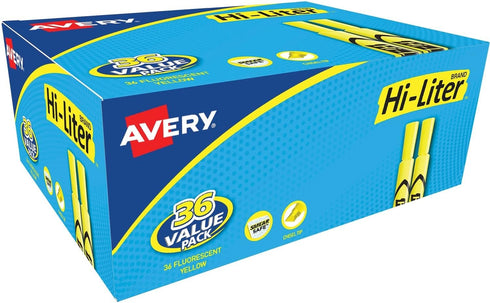 AVERY Hi-Liter Desk-Style Highlighters, Smear Safe Ink, Chisel Tip, Value Pack 36 Fluorescent Yellow Highlighters
