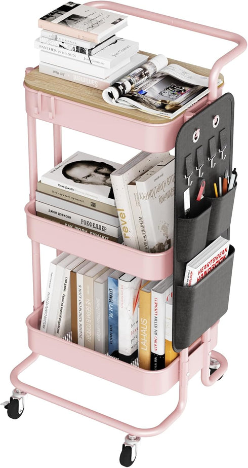 DTK 3 Tier Metal Utility Rolling Cart - Storage Organizer Cart with Table Top and Side Bags