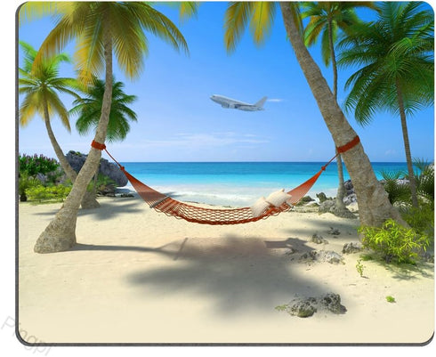 Custom Gaming Mouse Pad Design, Tropical Beach with Hammock Hanging from Palm Trees