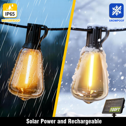 ST38 Bulbs, (66FT) Solar String Lights Outdoor Waterproof with Remote & Timer, LED Shatterproof USB & Solar Powered