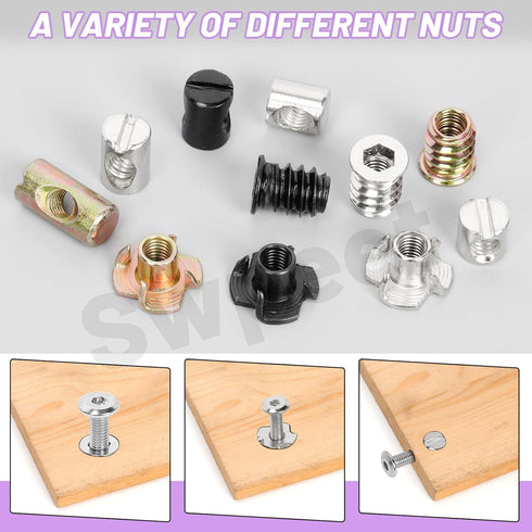 Swpeet 60Pcs M610/12/15/20 4-Pronged Nickel Plated Barrel Nuts with Threaded Inserts and T-Nuts Assortment Kit, Cross