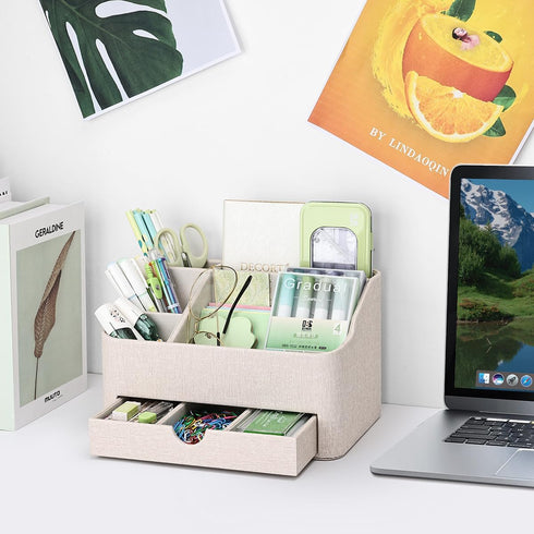 5 Countertop(Beige) KINGFOM PU Leather Desk Organizer with Drawer, Compartments Desktop Storage Caddy for Office & Home