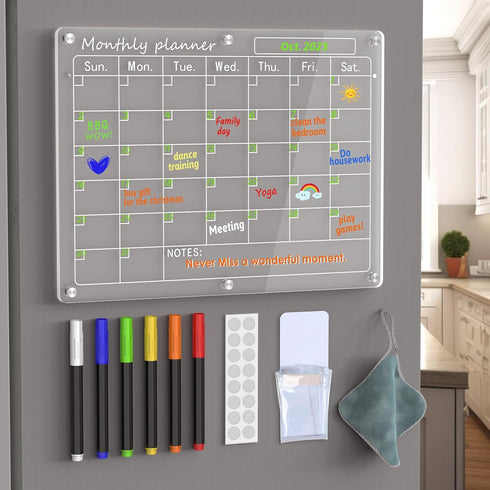 Magnetic Acrylic Calendar for Fridge, 1 Pack 12"x16" Clear Dry Erase Magnetic Planning Boards Set (Monthly Planner_1)