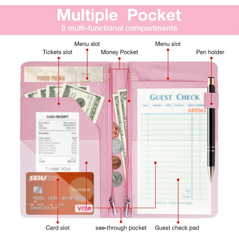 2 Professional Waitress Book with Zipper Pockets & Pen Loop - Leather Server Check Holder Organizer for Cash, Receipts