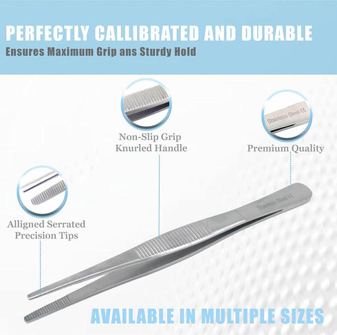 6" (15.24 cm), Precision Blunt Serrated Tips Stainless Steel Thumb Forceps Tweezers Comfortable Ridged Handle