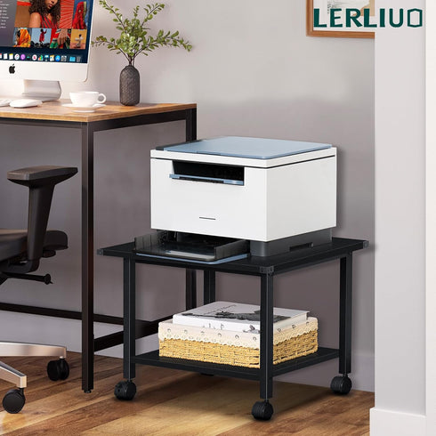 Lerliuo 2-Tier Under Desk Printer Stand, Industrial Mobile Printer Table with Storage Shelf and Steel Frame, Rolling