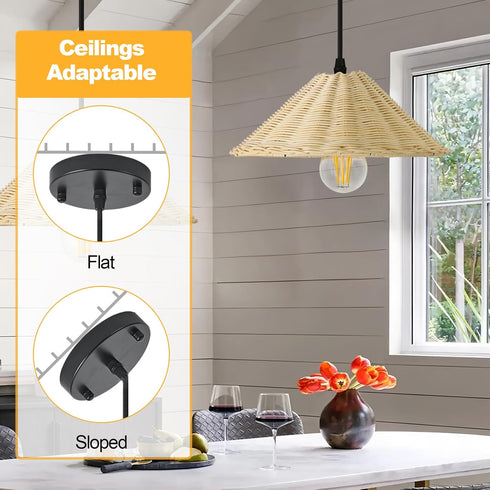 Set 2,Farmhouse 10.65 TERLEENART Hard Wired Rattan Pendant Lights of Coastal Woven Wicker Ceiling Light with Cone