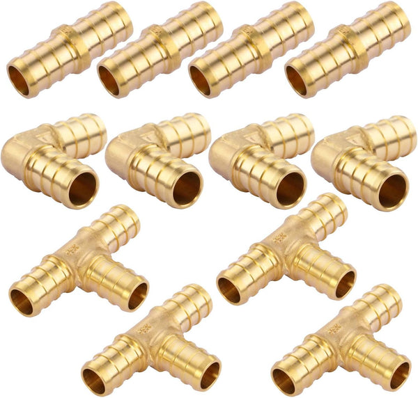 1/2 inch T PEX Tee & 90 Degree Elbow & Straight Coupling 1/2" (Pack of 12) Lead-Free Brass Fittings