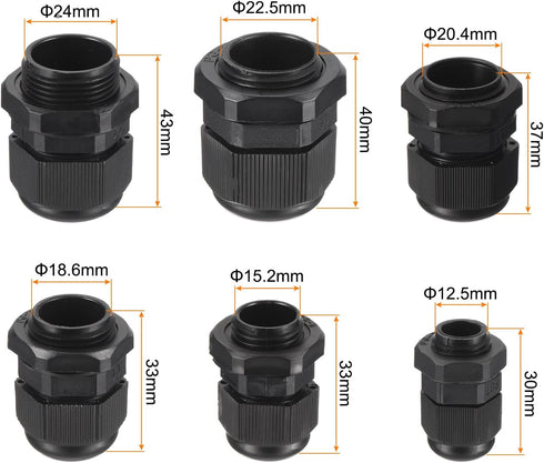 MECCANIXITY 50 Pcs Cable Gland Kit PG7 PG9 PG11 PG13.5 PG16 PG19 Adjustable Cable Connectors,Waterproof Tight Conduit Connector Plastic Conduit Fitting Electrical Conduit Fitting,Black