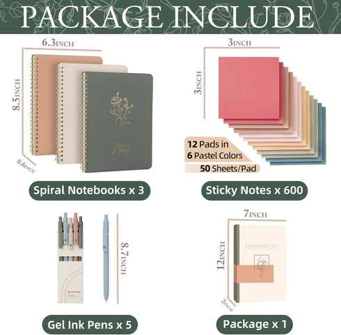 Cute Spiral Notebook Set for Women, Bible Journal Set, 3 Pack A5 Notebooks, Gel Pens, Sticky Notes, Gift Box
