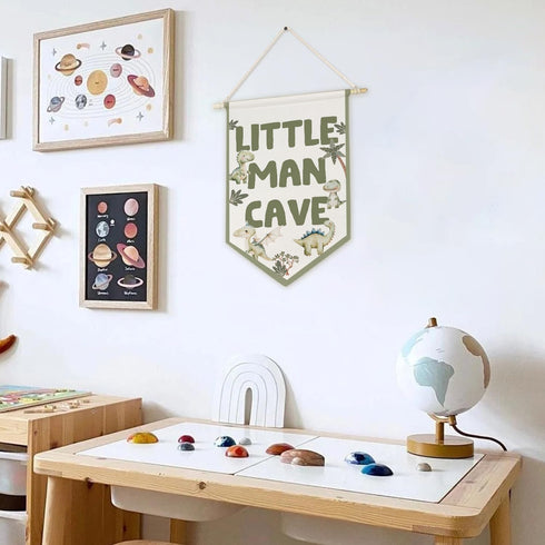 ArtisaEura Little Man Cave Wall Canvas Banners,Dragon Nursery Decor, Sage Green Dinosaur Dragon Hanging Display Pennant