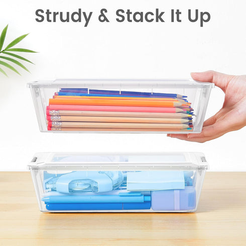 6 Pack Sooez Pencil Boxes, New Extra Large Pencil Case, Plastic Crayon Pen Box, Clear Marker Organizer Craft Storage