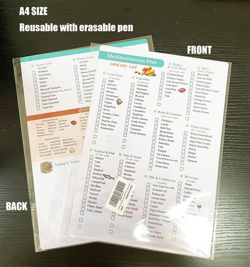 A4 Reusable Mediterranean Diet Meal Plan and Grocery List, Heart Healthy Food List with Recipes for High Blood Pressure
