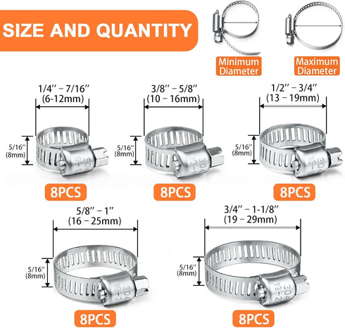 40PCS Hose Clamps, Camtek Stainless Steel Adjustable 6-29mm Range Worm Gear Hose Clamp Duct Clamp Pipe Clamp Fuel Line Clamp for Plumbing, Automotive and Mechanical Applications Assortment Kit
