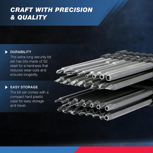 NEIKO 10224A 32 Piece Extra Long Security Bit Set, 1/4" S2 Steel 6” Long Torx, Tamper Proof, PoziDriv, Spanner, Tri-Wing
