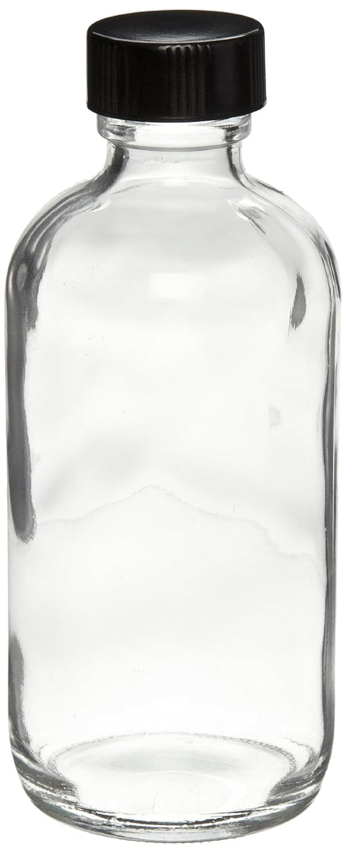 Wheaton W216813 Boston Round Bottle, Clear Glass, 2oz Capacity with 20-400 Black Phenolic Poly-Seal Cap, 39mm x 94mm