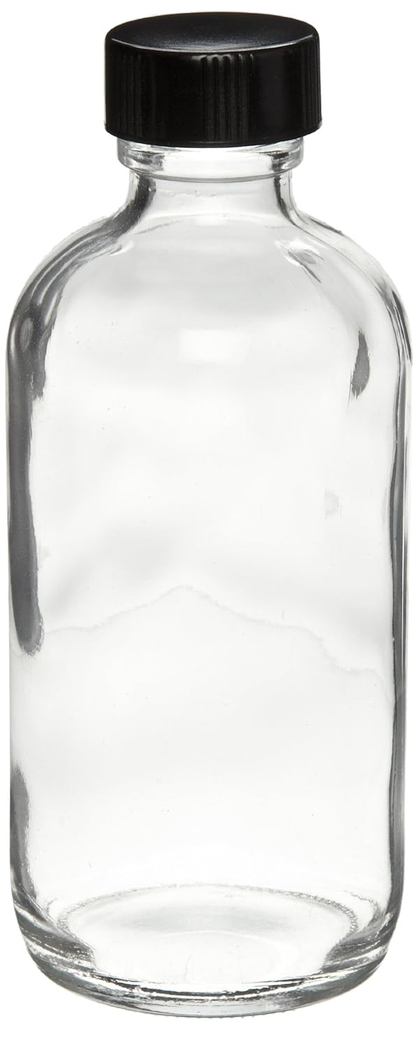 Wheaton W216813 Boston Round Bottle, Clear Glass, 2oz Capacity with 20-400 Black Phenolic Poly-Seal Cap, 39mm x 94mm