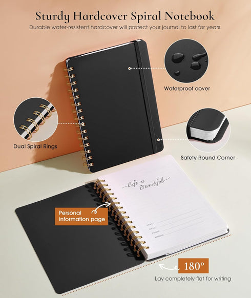 Lined Spiral Notebook Journal, 160 Numbered Pages A5 College Ruled, Plastic Hardcover for Work School