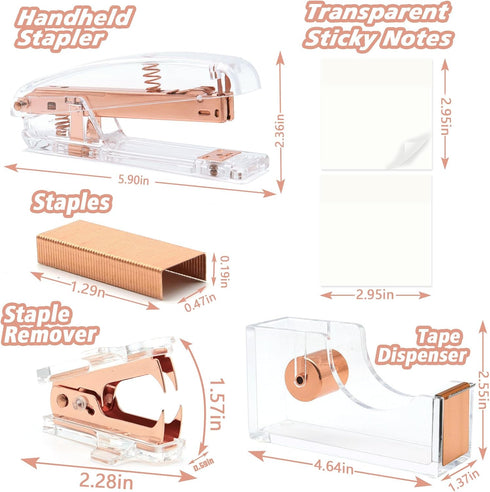 UPIHO Rose Gold Office Supplies Set, Stapler and Tape Dispenser with Clips, Scissors, and Sticky Notes
