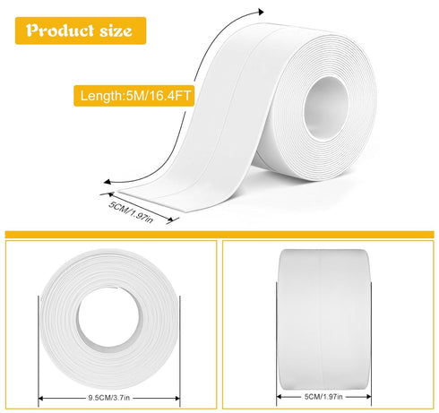 ABSOFINE Caulk Tape Waterproof Self Adhesive, White Toilet Caulk Sealant Tape, Shower Seal Strip for Kitchen, Countertop, Bathroom, Sink, Bathtub Toilet Edge Protector with Sealing Tool (1.97"x16.4Ft)