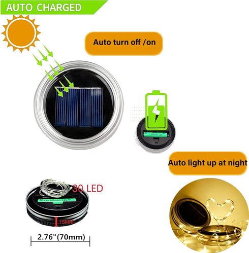 12 Pack 30 Solar Mason Jar Lid Lights - LED Firefly Fairy String Lights, Waterproof Outdoor Solar Lights with Hangers