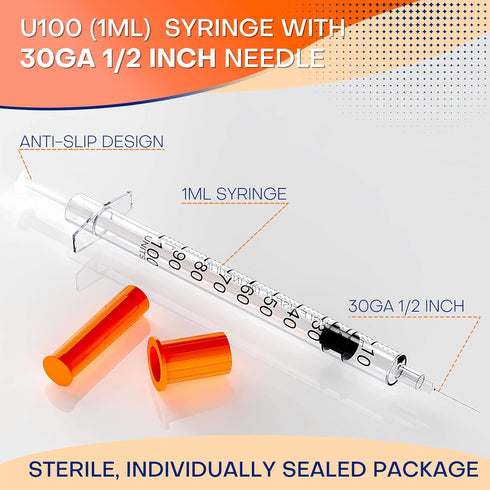 1ml/cc Syringe with Needle, 30 Gauge 1/2 inch Disposable Lab Supplies, Individually Wrapped, Pack of 25