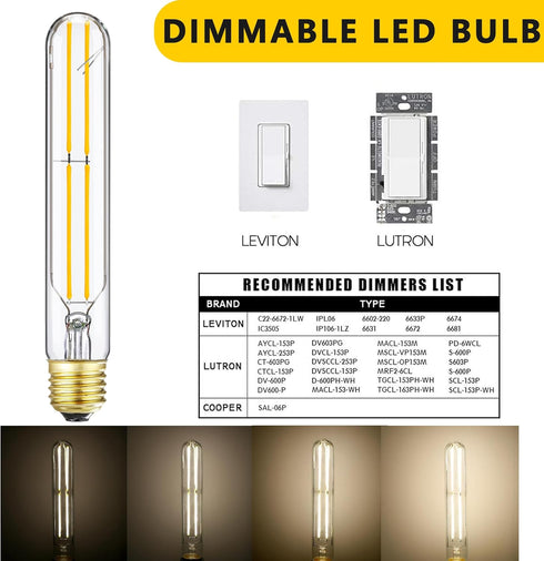 7.3 Inch T10 Bulb 60 Dimmable 3000K E26 Bulb, AC120V 600lm,6W Bulb sconces,4 Pack(6w-3000k) LED Watt, Soft White Edison