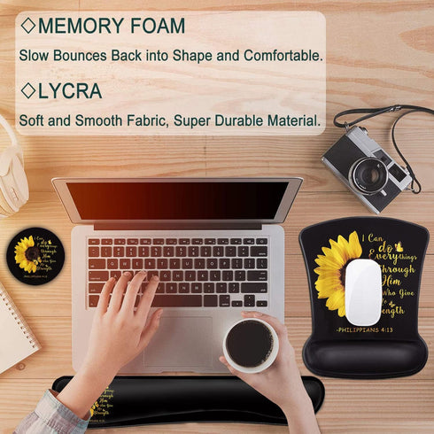 Keyboard Wrist Rest and Mouse Pad Support Set, Bible Verse Philippians 4:13 Sunflower Ergonomic Gel Mouse Pad, Easy
