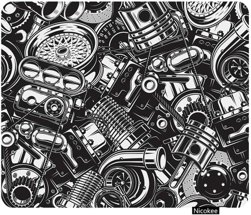 Gaming Mouse Pad with Automobile Car Parts Pattern, Monochrome Black and White Non-Slip Rubber for Computers