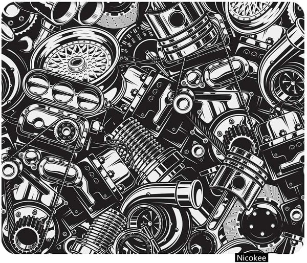 Gaming Mouse Pad with Automobile Car Parts Pattern, Monochrome Black and White Non-Slip Rubber for Computers