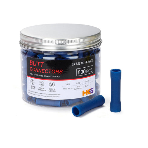 HKS 200 PCS Vinyl Insulated Butt Connector, Blue 16-14 AWG Electrical Connectors, Tinned Red Copper 0.8mm