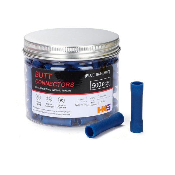 HKS 200 PCS Vinyl Insulated Butt Connector, Blue 16-14 AWG Electrical Connectors, Tinned Red Copper 0.8mm
