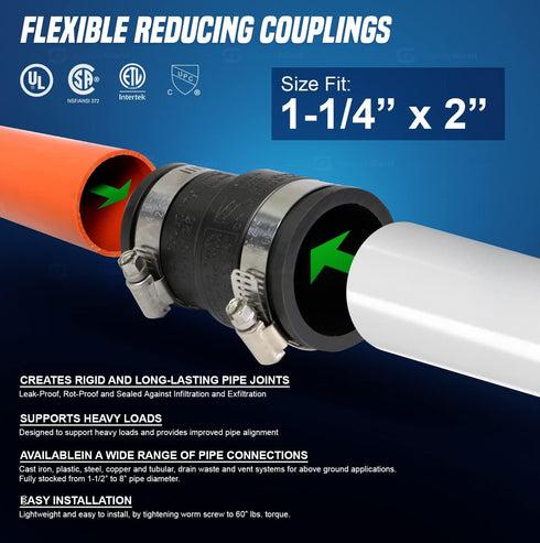 Supply Giant 6I52 Flexible PVC Reducing Coupling, 2.4" x 1.6" Inner Diameter for 2" x 1-1/4 Nominal Pipe, Black