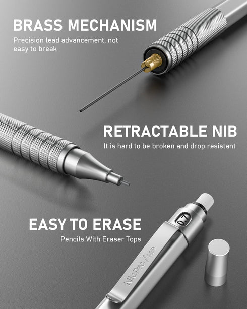 Nicpro 0.7 Metal Mechanical Pencil Set with Case, 3PCS MP1000 0.7mm Artist Lead Pencil with 8 Tube HB Refills, 3 Erasers