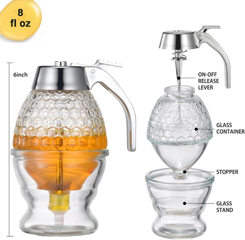 ANABIUP 8 Glass Honey Dispenser Ounces - Drip-Free Honey Jar With Glass Stand, Kitchen Leak-Proof Syrup Dispenser