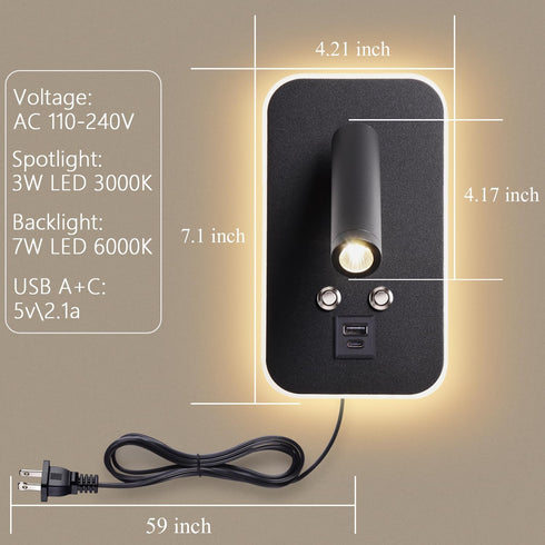 AWEKLIY Dimming, 3000K Wall-Mounted LED Bedside Reading Light Plug-in, with USB Charging Port, Stepless Touch Warm