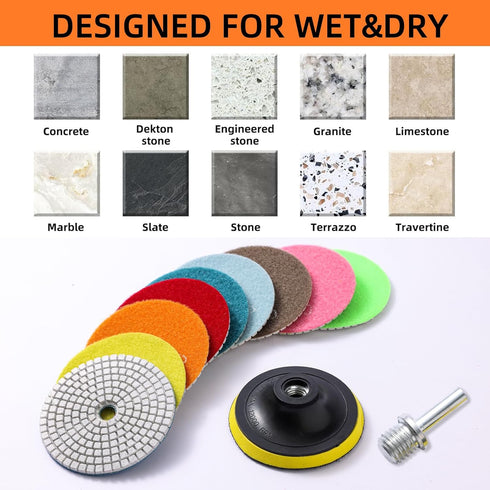 XKDOUS 13 Packs 4" Diamond Polishing Pads with Backer Pad, 50-8000 Grit Wet/Dry Polish Kit for Drill